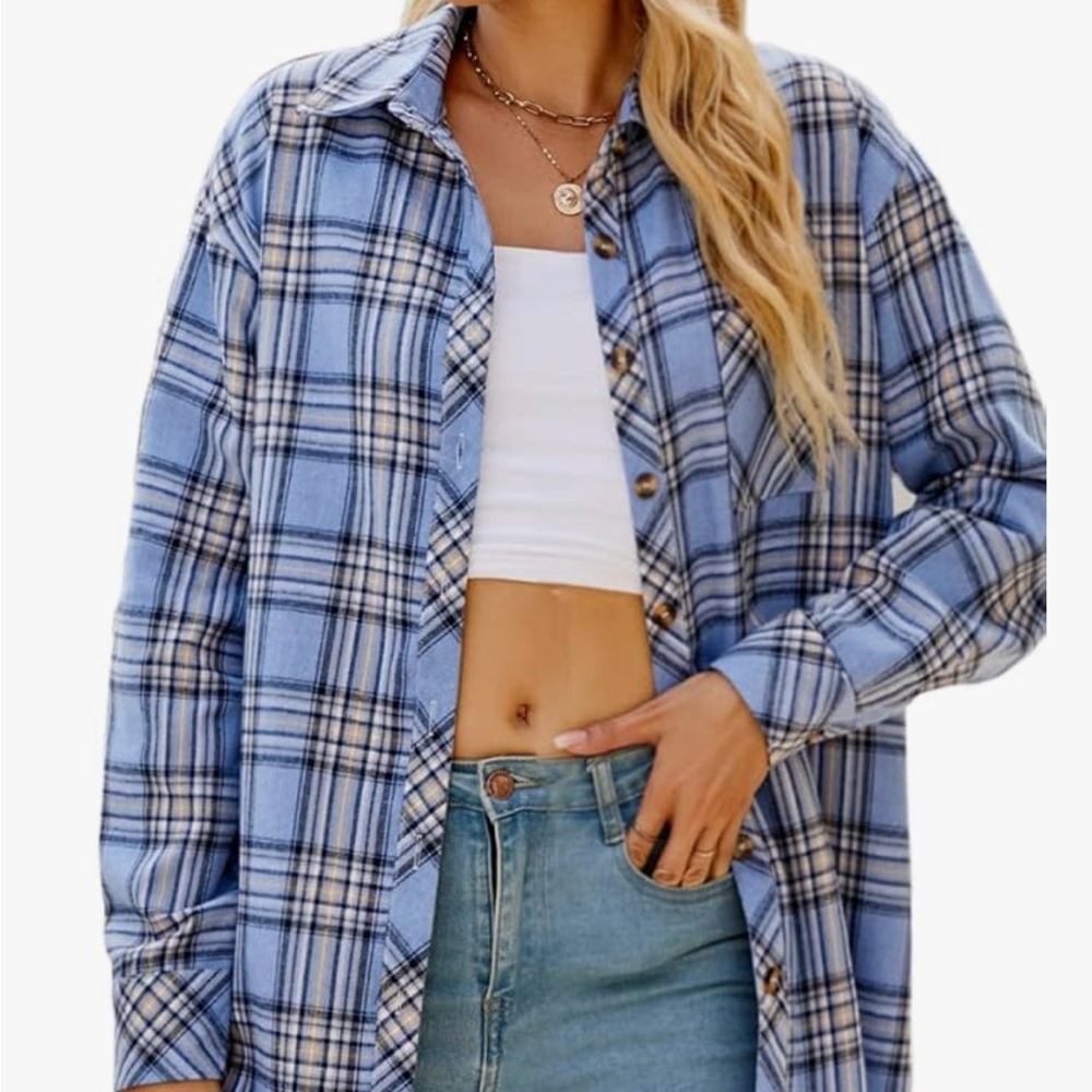 Blue Plaid Button Down Shirt for Women